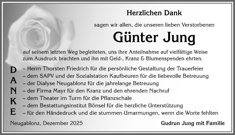  Traueranzeige für Günter Jung vom 06.12.2025 aus Allgäuer Zeitung, Kaufbeuren/Buchloe