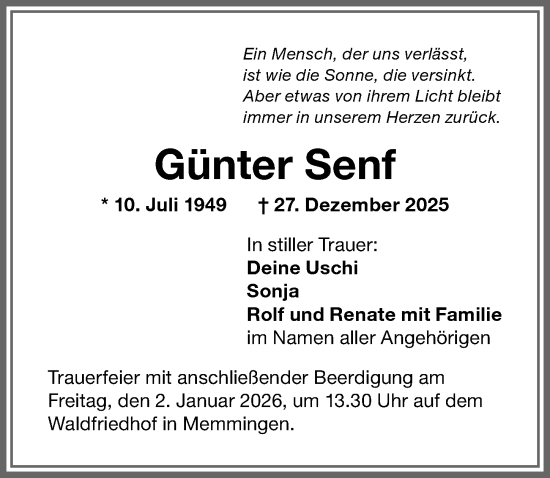 Traueranzeige von Günter Senf von Memminger Zeitung