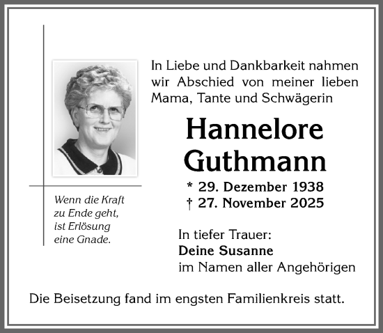 Traueranzeige von Hannelore Guthmann von Allgäuer Zeitung,Kempten