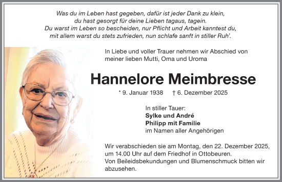 Traueranzeige von Hannelore Meimbresse von Memminger Zeitung