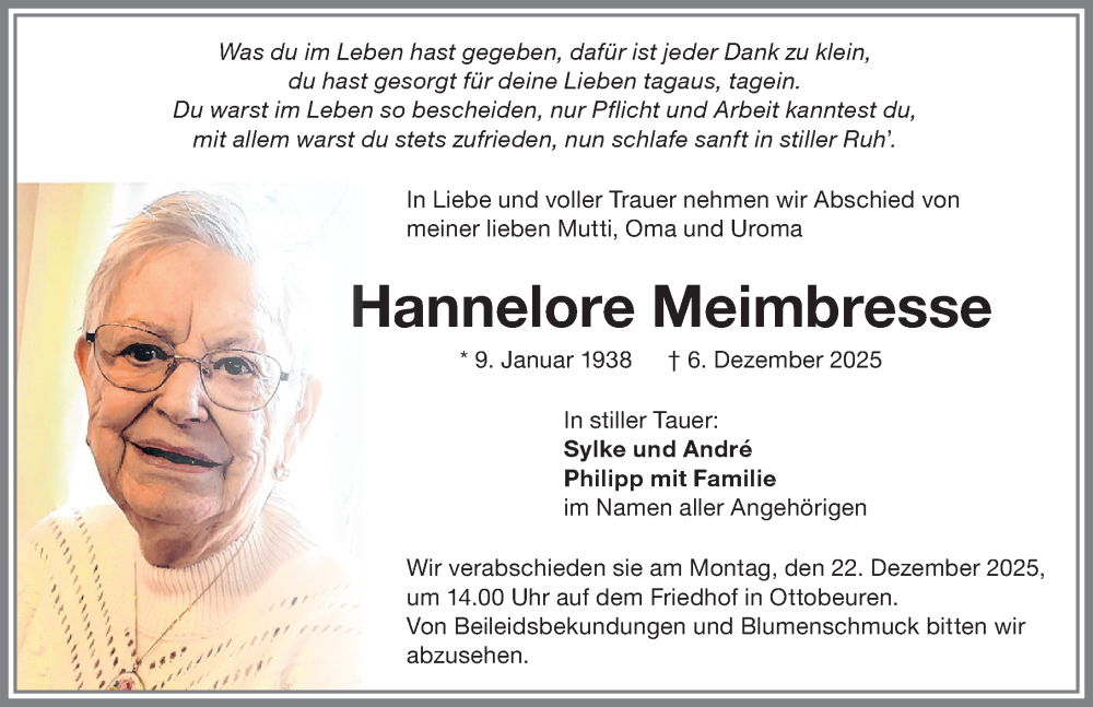  Traueranzeige für Hannelore Meimbresse vom 17.12.2025 aus Memminger Zeitung
