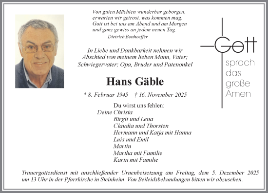 Traueranzeige von Hans Gäble von Memminger Zeitung