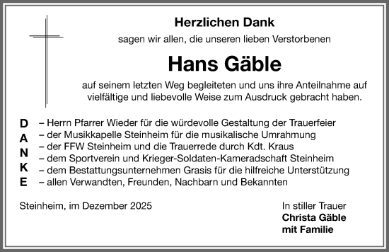Traueranzeige von Hans Gäble von Memminger Zeitung