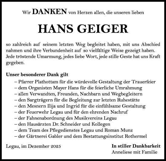 Traueranzeige von Hans Geiger von Memminger Zeitung
