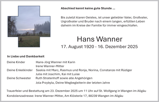 Traueranzeige von Hans Wanner von Der Westallgäuer