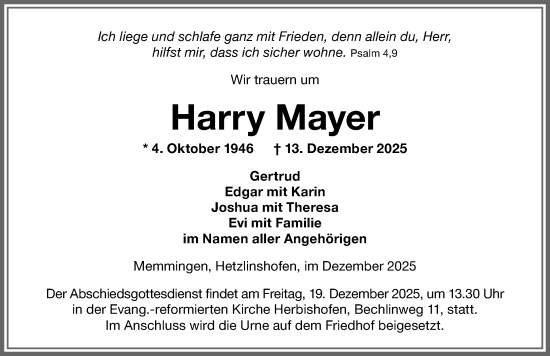 Traueranzeige von Harry Mayer von Memminger Zeitung