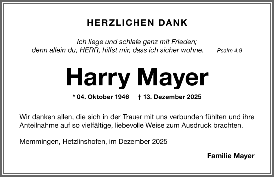 Traueranzeige von Harry Mayer von Memminger Zeitung
