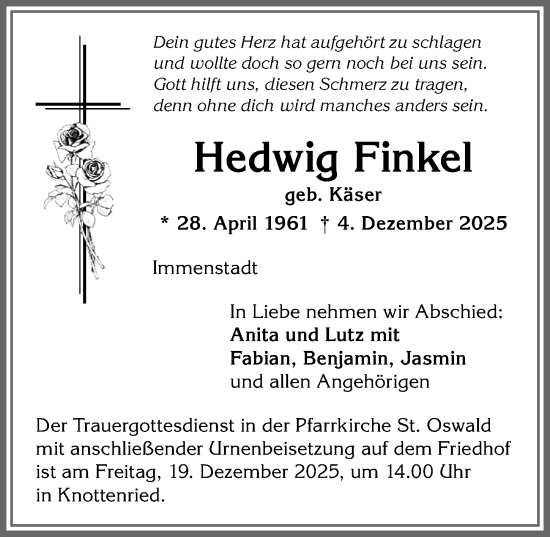 Traueranzeige von Hedwig Finkel von Allgäuer Anzeigeblatt