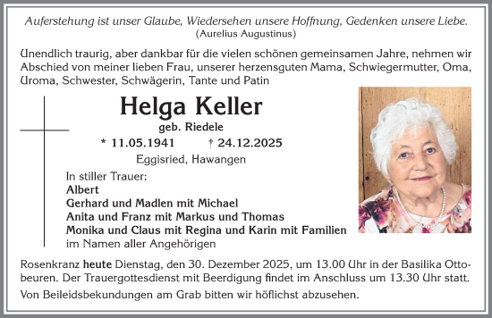 Traueranzeige von Helga Keller von Memminger Zeitung