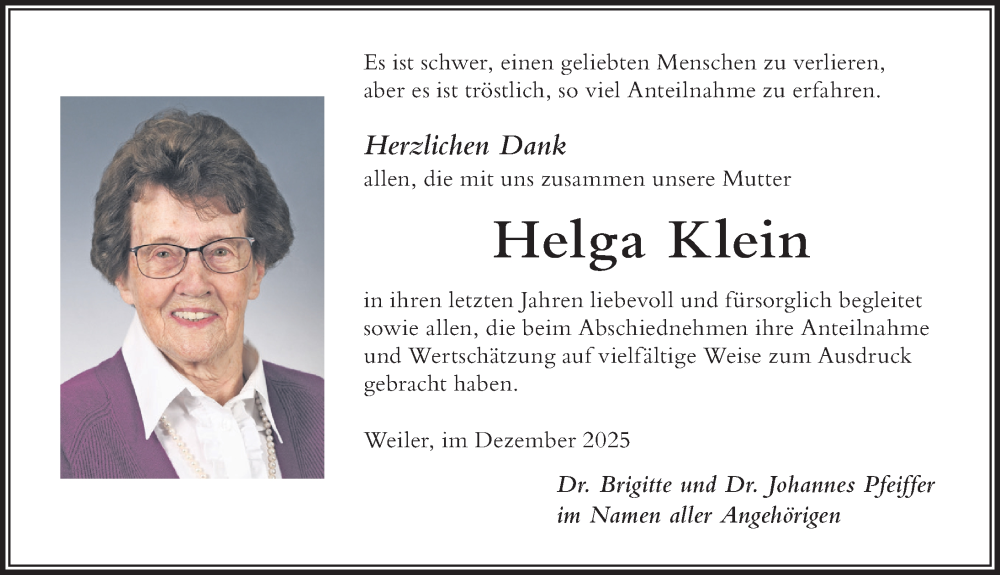  Traueranzeige für Helga Klein vom 20.12.2025 aus Der Westallgäuer