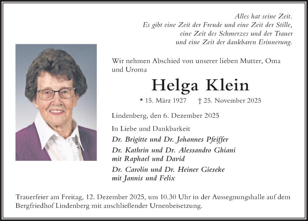  Traueranzeige für Helga Klein vom 06.12.2025 aus Der Westallgäuer