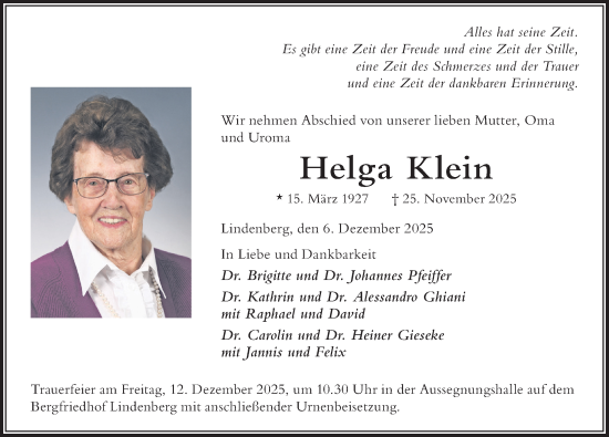Traueranzeige von Helga Klein von Der Westallgäuer
