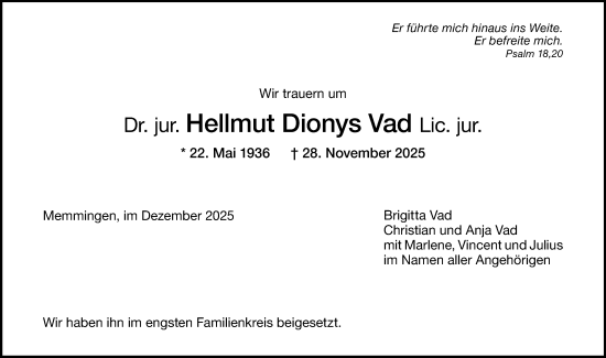Traueranzeige von Hellmut Dionys Vad von Memminger Zeitung