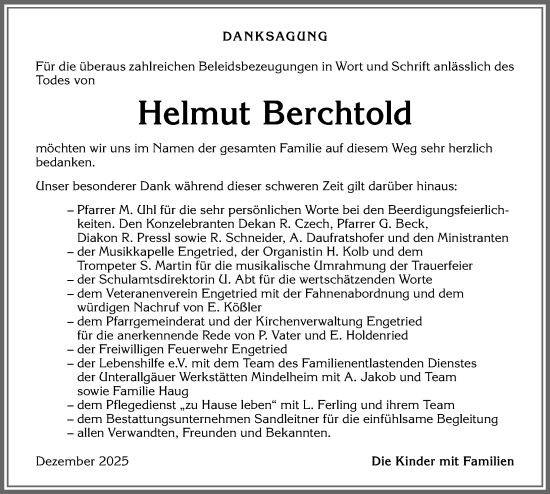 Traueranzeige von Helmut Berchtold von Augsburger Allgemeine, Mindelheimer Zeitung