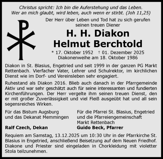 Traueranzeige von Helmut Berchtold von Memminger Zeitung