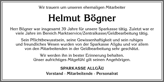 Traueranzeige von Helmut Bögner von Allgäuer Anzeigeblatt