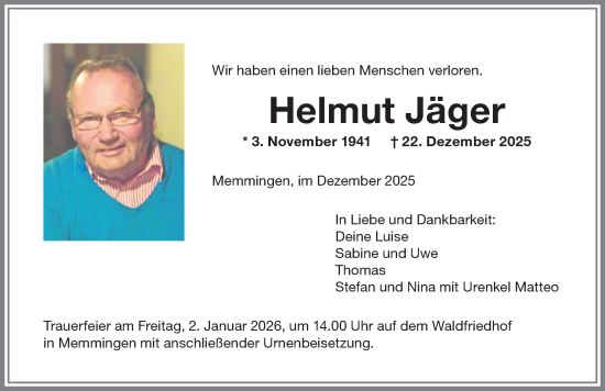 Traueranzeige von Helmut Jäger von Memminger Zeitung