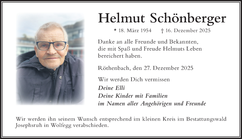 Traueranzeige für Helmut Schönberger vom 27.12.2025 aus Der Westallgäuer