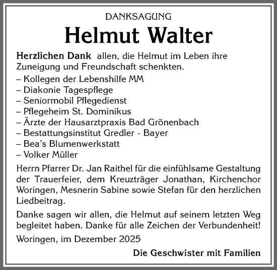 Traueranzeige von Helmut Walter von Memminger Zeitung