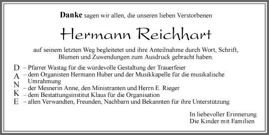 Traueranzeige von Hermann Reichhart von Allgäuer Zeitung, Marktoberdorf