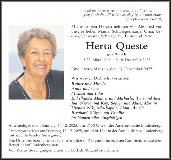 Traueranzeige von Herta Queste von Der Westallgäuer