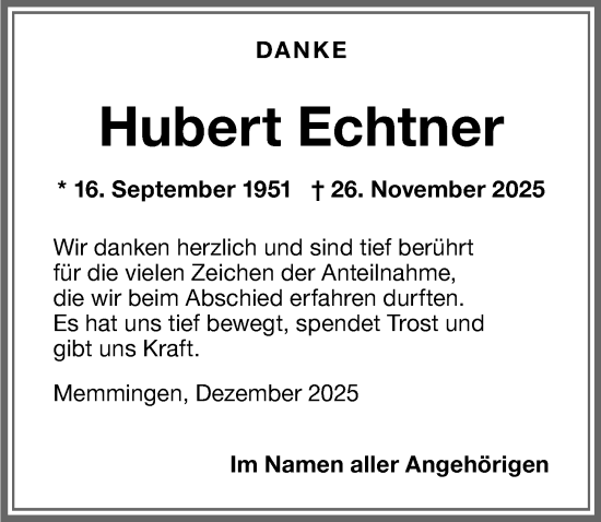 Traueranzeige von Hubert Echtner von Memminger Zeitung