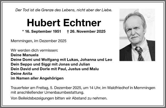 Traueranzeige von Hubert Echtner von Memminger Zeitung