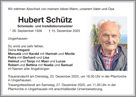 Traueranzeige von Hubert Schütz von Memminger Zeitung