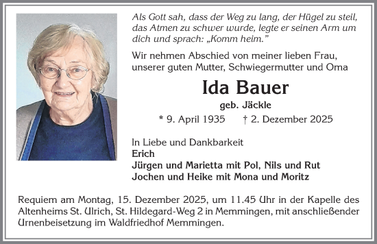 Traueranzeige von Ida Bauer von Memminger Zeitung