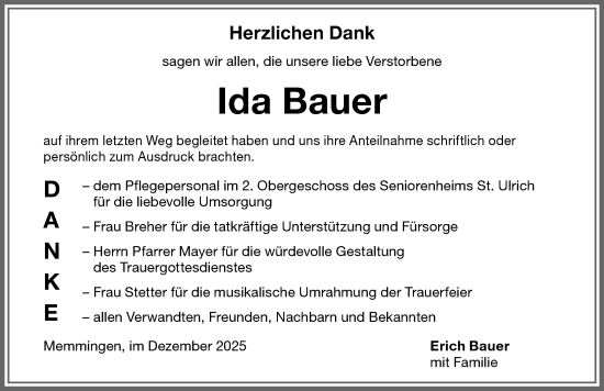 Traueranzeige von Ida Bauer von Memminger Zeitung