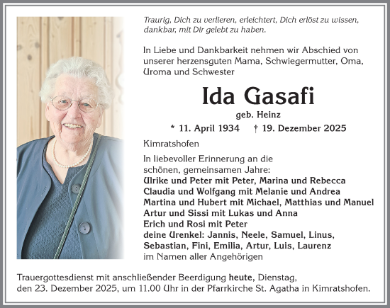 Traueranzeige von Ida Gasafi von Allgäuer Zeitung,Kempten
