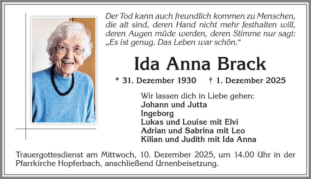  Traueranzeige für Ida Anna Brack vom 06.12.2025 aus Allgäuer Zeitung,Kempten