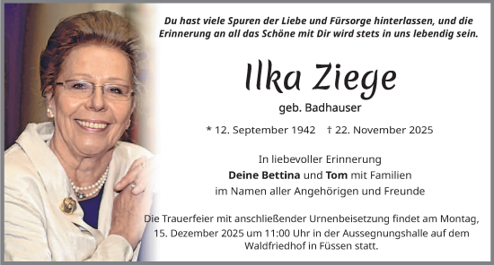 Traueranzeige von Ilka Ziege von Allgäuer Zeitung, Füssen