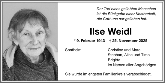 Traueranzeige von Ilse Weidl von Memminger Zeitung