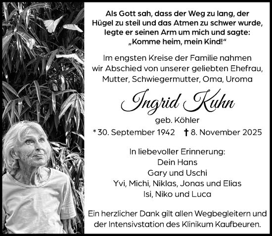 Traueranzeige von Ingrid Kuhn von Allgäuer Zeitung, Marktoberdorf