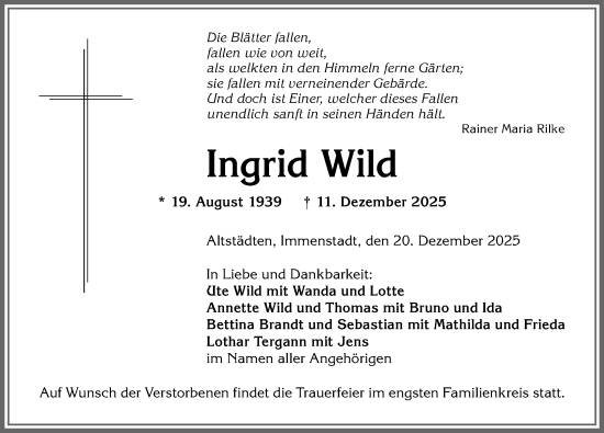 Traueranzeige von Ingrid Wild von Allgäuer Anzeigeblatt