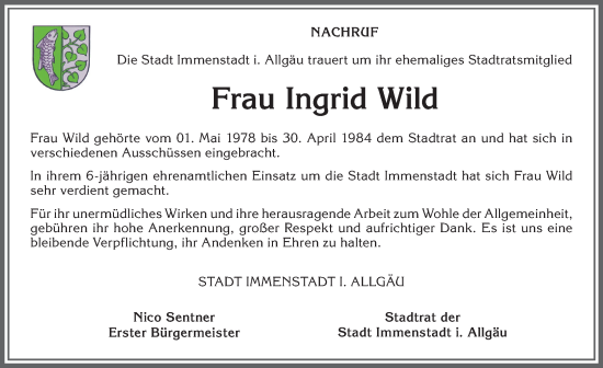 Traueranzeige von Ingrid Wild von Allgäuer Anzeigeblatt