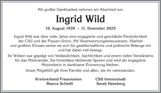 Traueranzeige von Ingrid Wild von Allgäuer Anzeigeblatt