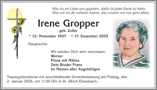 Traueranzeige von Irene Gropper von Allgäuer Zeitung, Marktoberdorf