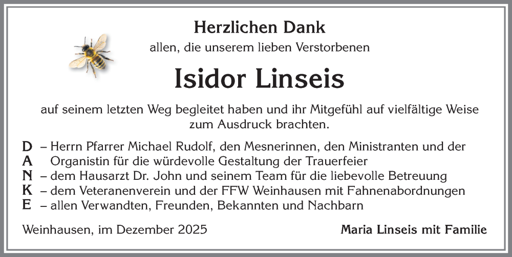  Traueranzeige für Isidor Linseis vom 20.12.2025 aus Allgäuer Zeitung, Kaufbeuren/Buchloe