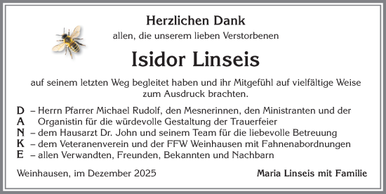 Traueranzeige von Isidor Linseis von Allgäuer Zeitung, Kaufbeuren/Buchloe