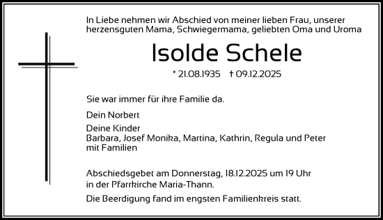Traueranzeige von Isolde Schele von Der Westallgäuer