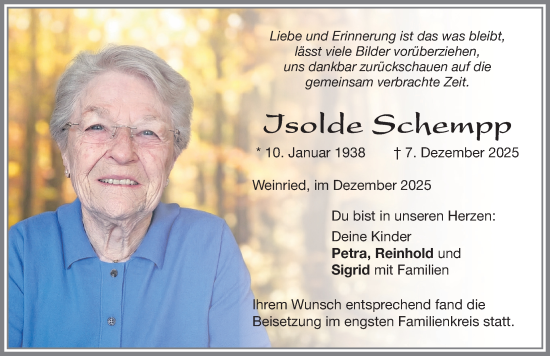 Traueranzeige von Isolde Schempp von Illertisser Zeitung, Augsburger Allgemeine