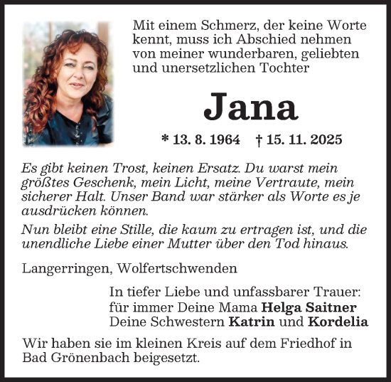 Traueranzeige von Jana  von Memminger Zeitung