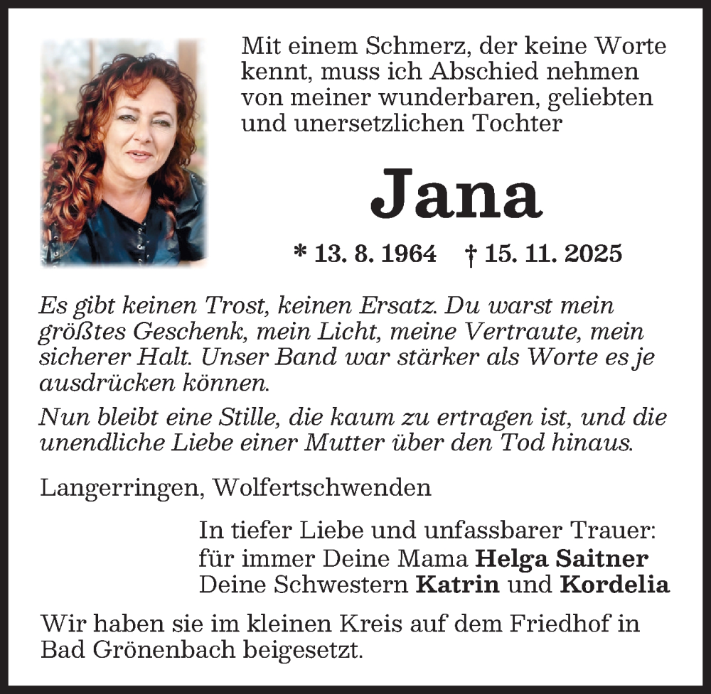  Traueranzeige für Jana  vom 20.12.2025 aus Memminger Zeitung
