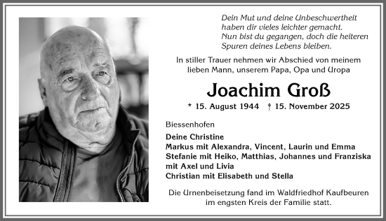 Traueranzeige von Joachim Groß von Allgäuer Zeitung, Kaufbeuren/Buchloe