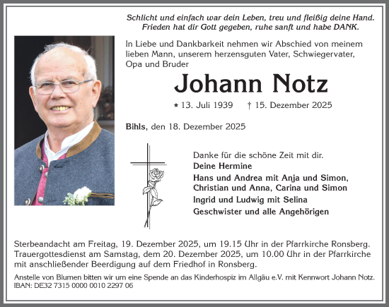 Traueranzeige von Johann Notz von Allgäuer Zeitung, Marktoberdorf