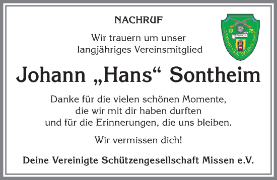 Traueranzeige von Johann Sontheim von Allgäuer Anzeigeblatt