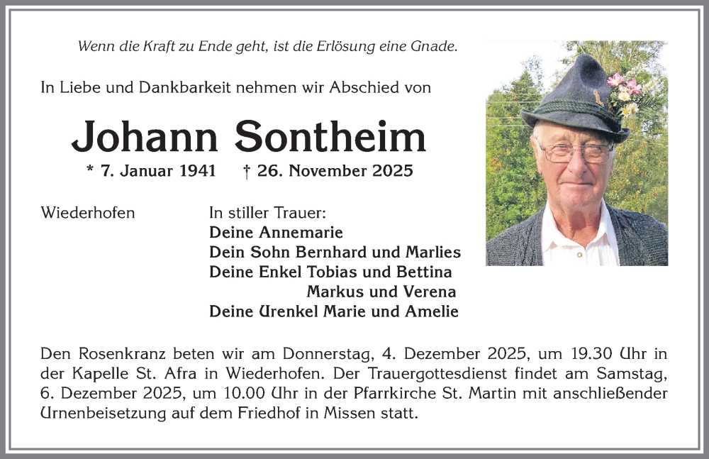  Traueranzeige für Johann Sontheim vom 03.12.2025 aus Allgäuer Anzeigeblatt