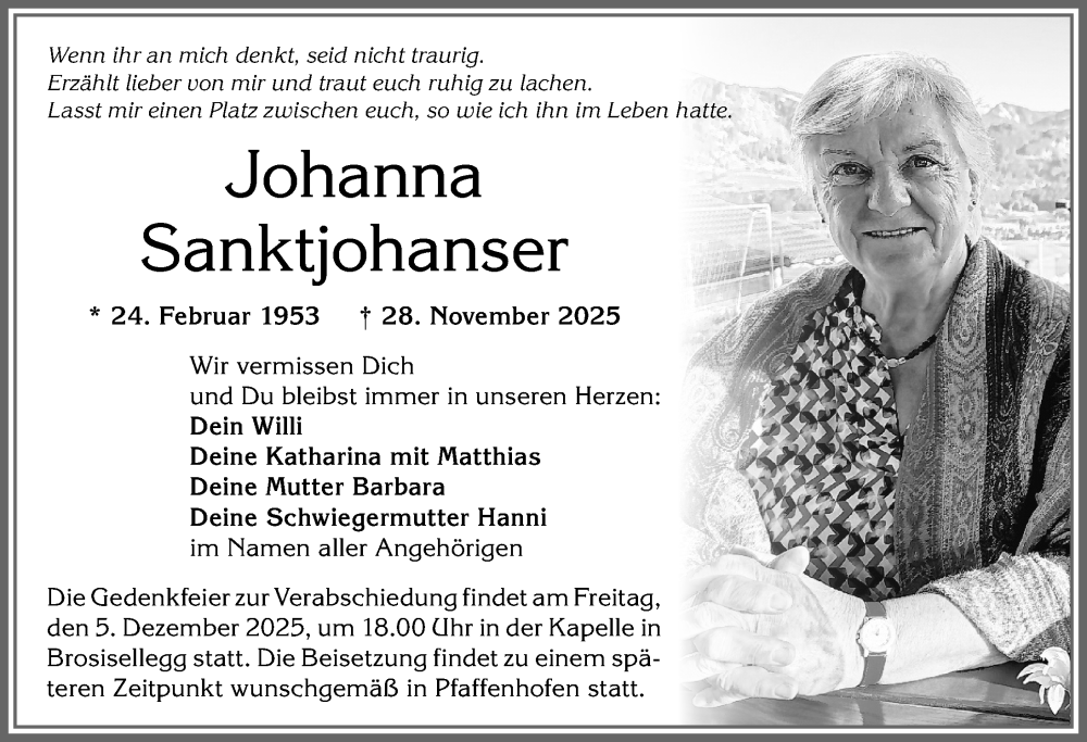 Traueranzeige für Johanna Sanktjohanser vom 03.12.2025 aus Allgäuer Anzeigeblatt